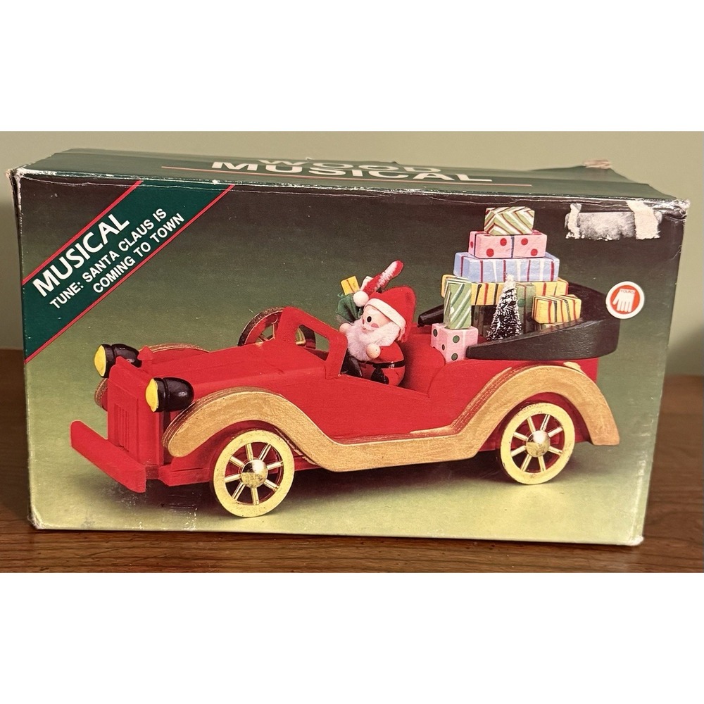 Vintage Montgomery Ward Hand Painted‎ Wooden Santa Claus Driving Red Car Musical